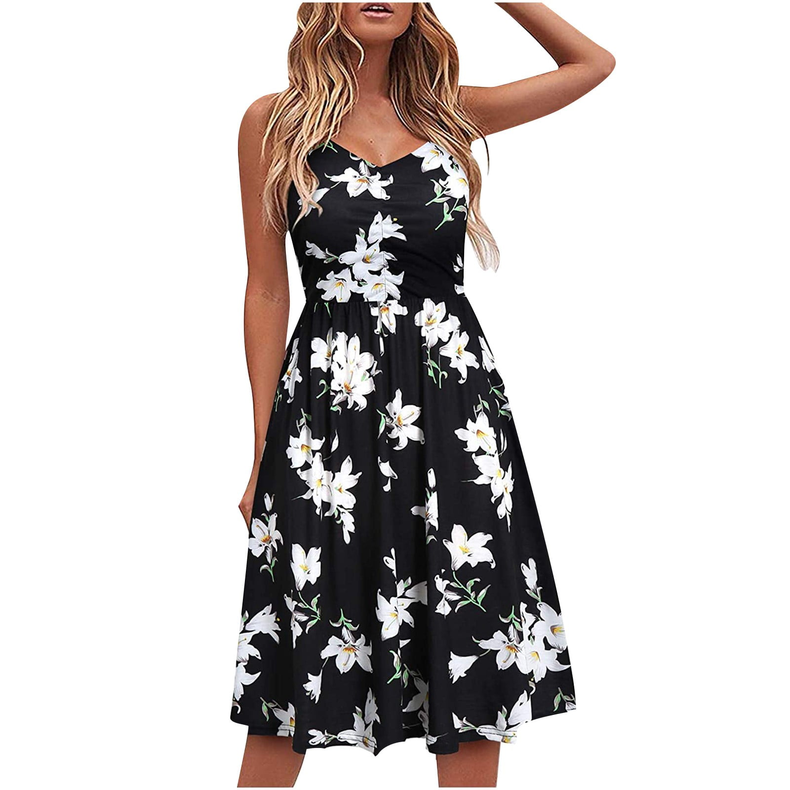 Borniu Womens V Neck Floral Summer Dress With Pockets Casual Spaghetti Strap Swing Sundress 6985