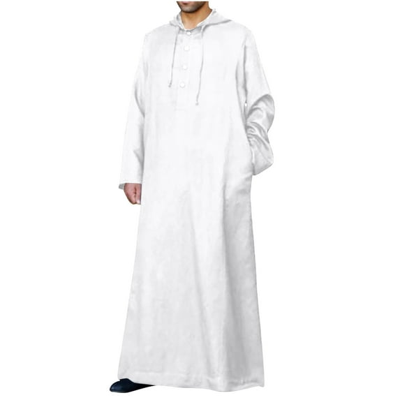 Ohufall Thobe,Robe for Men, Muslim Robe Set Arab Middle Robe Long Sleeve Hooded Button Casual Robe Muslim Clothes for Men Clearance
