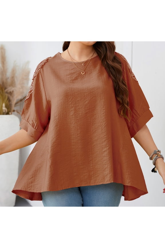 Women's Plus Size Blouses Tops Cotton Linen Short Sleeve Round Neck T Shirt Summer Solid Color Blouse Tunic Tops