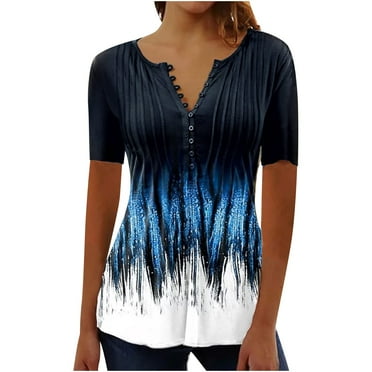 Borniu Women's Plus Size Summer Tops, Button Casual Tunic Short Sleeve Floral Print Blouses Tops Henley Shirts S-5XL Clearance
