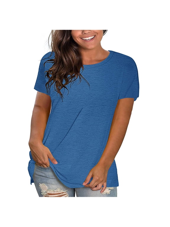Women's Plus Size Tops Summer Casual Round Neck Solid Color T Shirts Blouse Tops S-5XL Blue