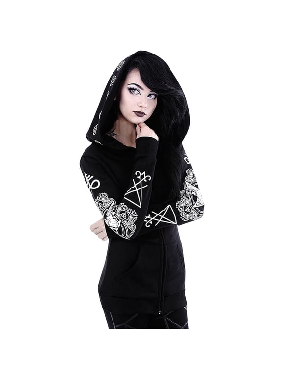 Womens Hooded Jackets Coats Cardigan Black Vintage Moon Printed Punk Gothic Goth Clothing for Women Plus Size S-5XL