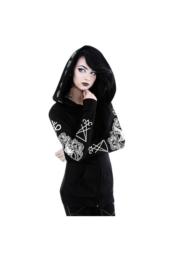 Womens Hooded Jackets Coats Cardigan Black Vintage Moon Printed Punk Gothic Goth Clothing for Women Plus Size S-5XL
