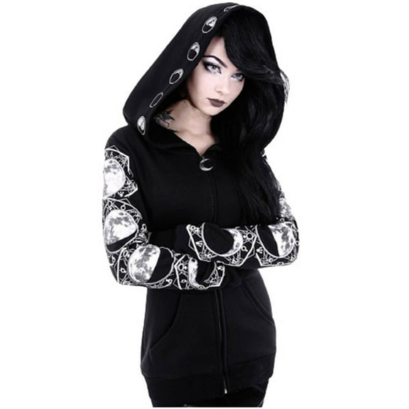 Ohufall Womens Hooded Jackets Coats Cardigan Black Vintage Moon Printed Punk Gothic Goth Clothing for Women Plus Size