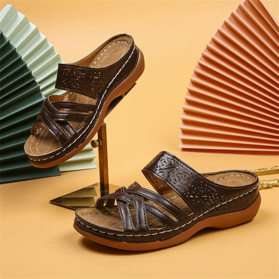 Borniu Womens Sandals Flip Flops for Women, New Wedge Heel Women's Sandals Stitched Hollow Cross Slippers Massage Women's Sandals Arch Support Comfortable Walking Wedge Sandals