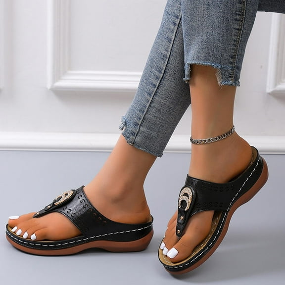 Borniu Womens Sandals Flip Flops for Women, Summer Comfortable Wedge Slippers Women Wear Thick Bottom Casual Beach Sandals Arch Support Comfortable Walking Wedge Sandals