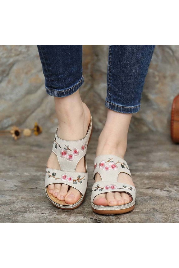 Womens Sandals Flip Flops for Women, Summer Ladies Fashion Wedge Heel Embroidery Flower Sandals Women's Sandals Arch Support Comfortable Walking Wedge Sandals