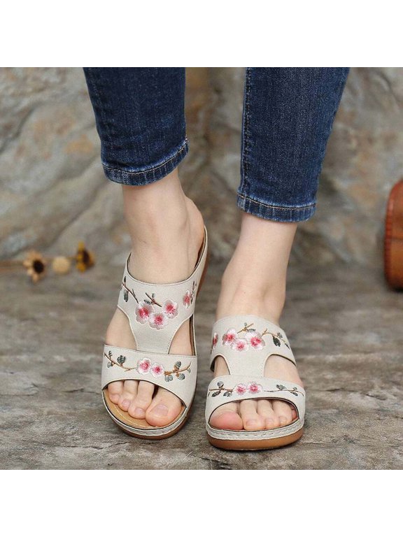 Womens Sandals Flip Flops for Women, Summer Ladies Fashion Wedge Heel Embroidery Flower Sandals Women's Sandals Arch Support Comfortable Walking Wedge Sandals