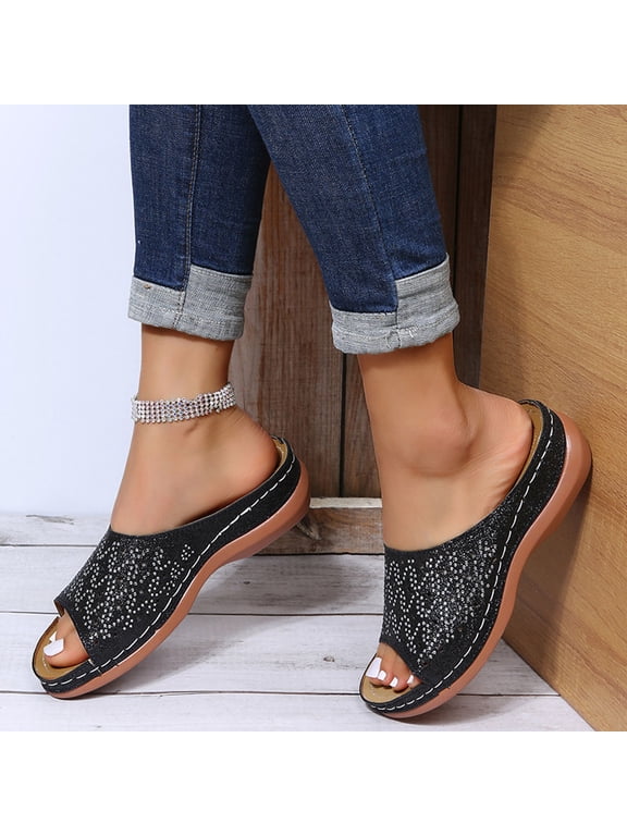 Womens Sandals Flip Flops for Women, Summer Ladies Wedge Heel Slippers Sandals Casual Thick Bottom Carved Women's Shoes Arch Support Comfortable Walking Wedge Sandals