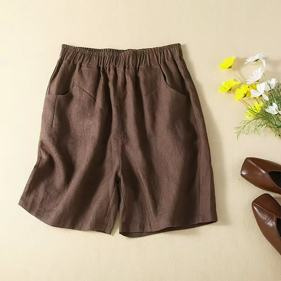 Borniu Womens Shorts Plus Size Comfy Cotton Linen Shorts Casual Elastic High Waisted Casual Summer Linen Shorts with Pockets