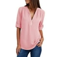 thumbnail image 1 of Borniu Womens Tops, Summer Clearance Women's Summer Shirts Zip Casual Tunic V-Neck Rollable Blouse Tops T-Shirt, 1 of 6