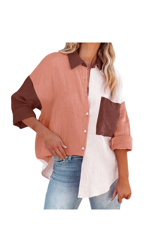 Womens Tops, Summer Women's Casual Plus Size Blouse Colorblock Long Sleeve Collar Button Down High Low Shirt Maxi Blouse Tops with Pocket