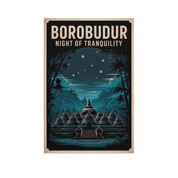 Borobudur Temple Night of Tranquility Vintage Travel Poster Retro Indonesia Wall Art Buddhist Heritage Print Print Poster
