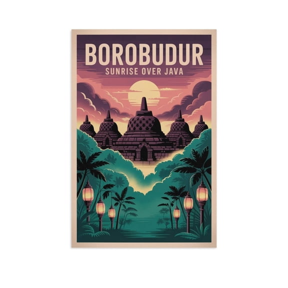 Borobudur Temple Sunrise Over Java Vintage Travel Poster Indonesia Retro Wall Decor Buddhist Print Canvas Poster