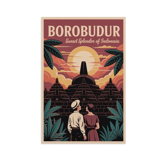 Borobudur Temple Sunset Splendor Retro Travel Poster Indonesia Vintage Wall Decor Buddhist Heritage Print Print Poster