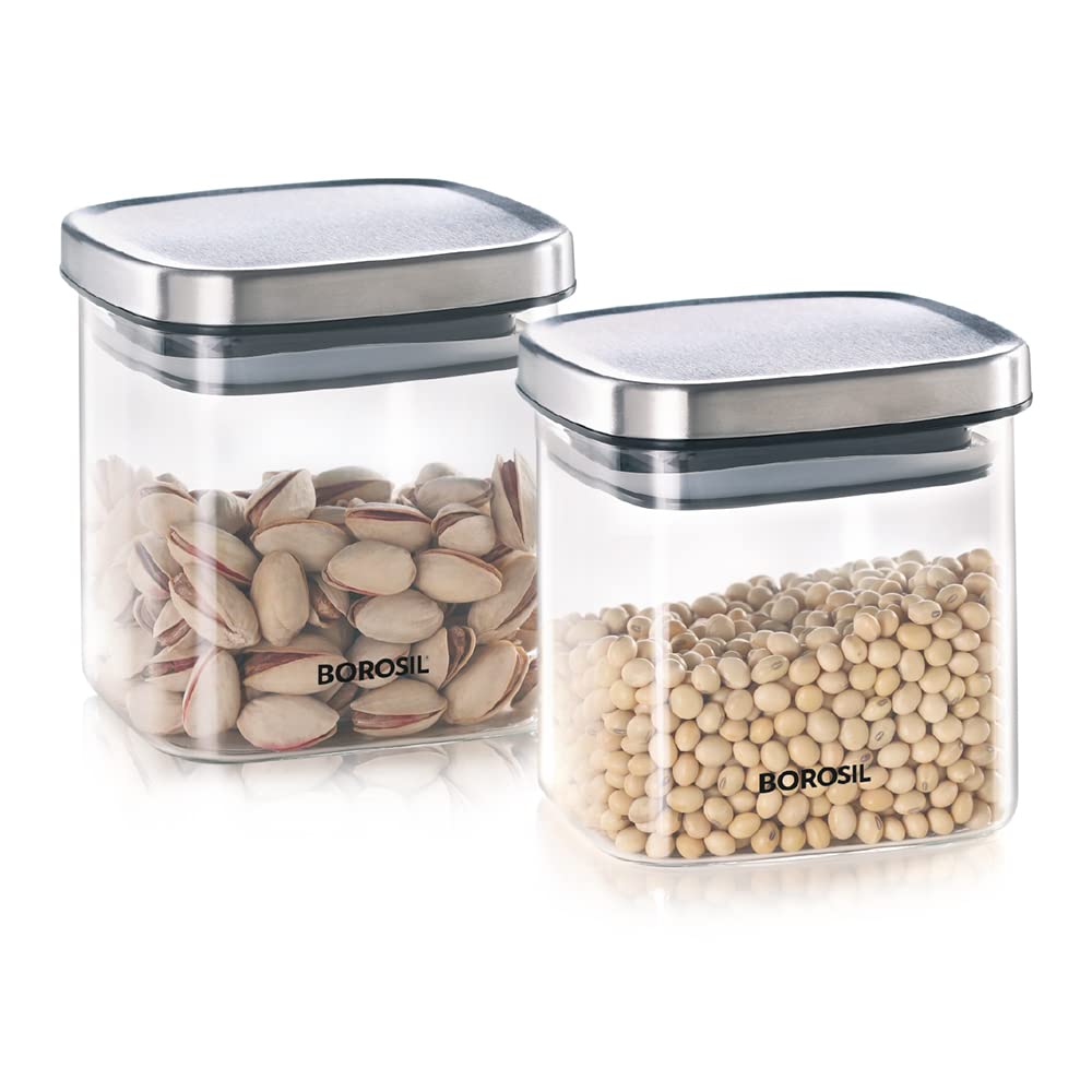 Borosil Classic Square Glass Jar, AirTight Storage Container For