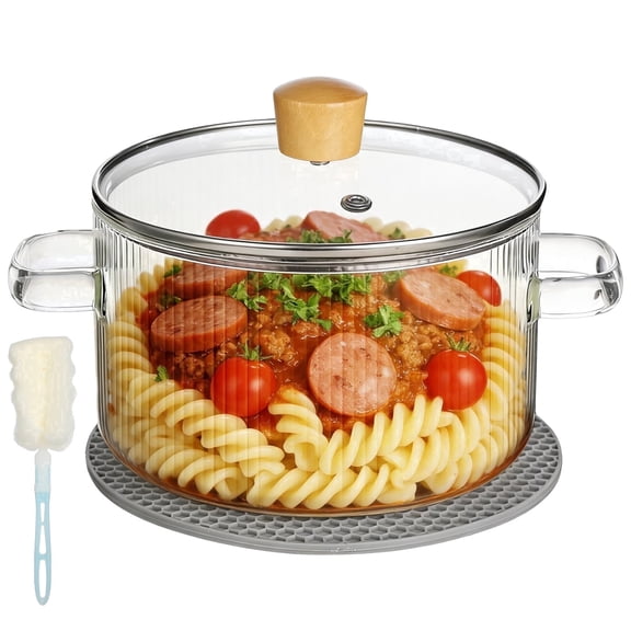 54 oz Borosilicate Glass Cooking Pot with Lid, Heat Resistant Ribbed Saucepan with Wooden Knob, Includes Brush & Anti-Scald Mat, Versatile for Pasta, Noodles, Tea, Soup & Sauce