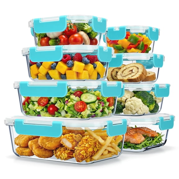 Borosilicate Glass Food Storage Containers With Lids 16 Pieces  Stackable Lunch & Leftover Microwave Freezer Dishwasher Safe Airtight Leak-proof Aqua