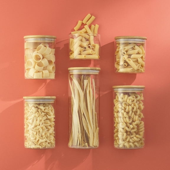 Borosilicate Glass Jars With Bamboo Lids. 6 Pc Set of Air Tight Sealable Containers. Food Jar Canisters with Airtight Lid for Pantry Storage and Kitchen Organization.