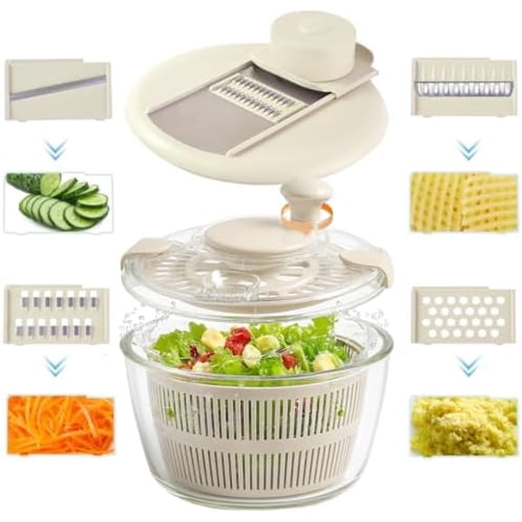 Borosilicate Glass Large Salad Spinner Vegetable Washer 5.2 Quart BPA-Free Slicer Drain with 5 Chopping Blades Dishwasher Safe Handle Washing and Dehydrating Lettuce Fruit Veggie Bowl
