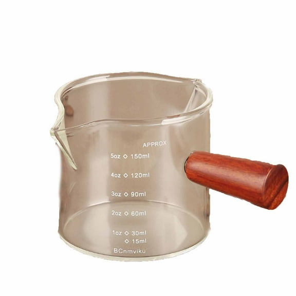 Borosilicate Glass Measuring Cup - L 2.75x2.75x2.56 in Clear Cup with Wooden Handle Dual Spouts & Etched Graduations, Coffee Creamer Milk Cup for Kitchen Baking Cooking