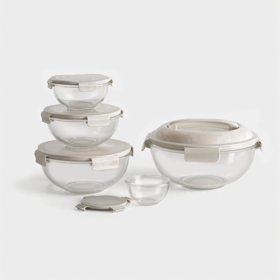 Genicook Borosilicate Nesting Glass Mixing Bowl Set,Nesting Storage Bowls for Kitchen 0.18/0.5/1/2/3.5 QT Great for Prep, Lock Down Lids and Carry Handle on Largest Bowl Lid,Baking(5 Piece)