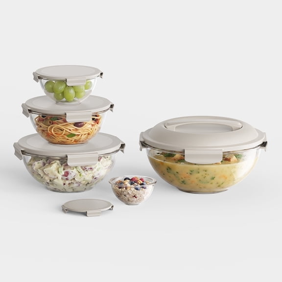 Genicook Borosilicate Nesting Glass Mixing Bowl Set,Nesting Storage Bowls for Kitchen 0.18/0.5/1/2/3.5 QT Great for Prep, Lock Down Lids and Carry Handle on Largest Bowl Lid,Baking(5 Piece)