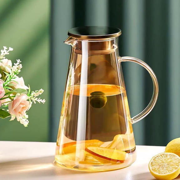 Borosilicate Glass Pitcher with Lid and Stainless Steel Strainer - 1.8 Liter Large Capacity Beverage Dispenser for Iced Tea Juice Lemonade Water Infuser Heat Resistant Drink Server