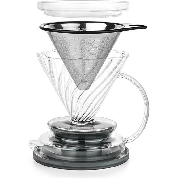 Borosilicate Glass Pour Over Dripper with Stainless Steel Reusable Filter, Manual Eco-Friendly Coffee Brewer, Plastic-Free Non-Toxic Infuser for Daily Brewing