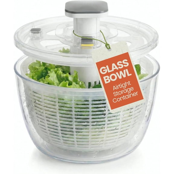Borosilicate Glass Salad Spinner with Push Button & Storage Lid - Large Capacity 6.3QT Lettuce & Fruit Washer with BPA-Free Draining Colander - Spinning Vegetable Dryer Doubles as a Serving Bowl