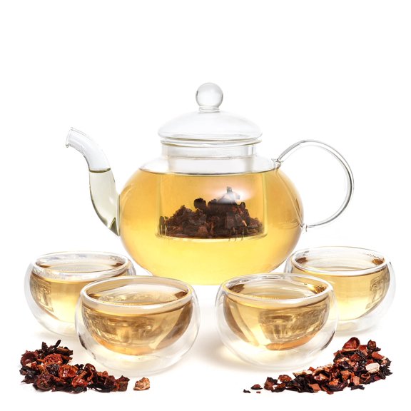 Borosilicate Glass Tea Kettle Infuser & 4 Cup Set 27 Oz Teapot With Removable Strainer