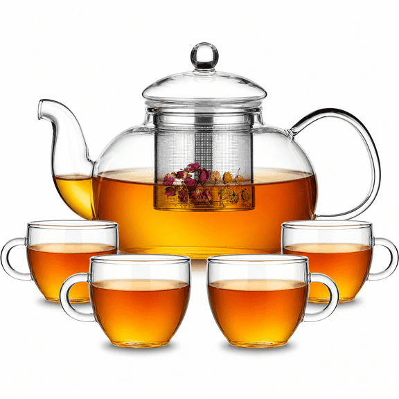 Borosilicate Glass Teapot Set with 4 Cups, Removable Infuser, Stovetop and Microwave Safe