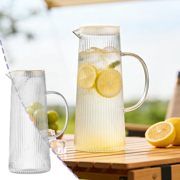 Borosilicate Glass Teapot with Stainless Steel Strainer - 34oz Heat Resistant Tea Pitcher for Hot and Cold Beverages - Vertical Ribbed Water Carafe with Lid for Home Kitchen Living Room Dining