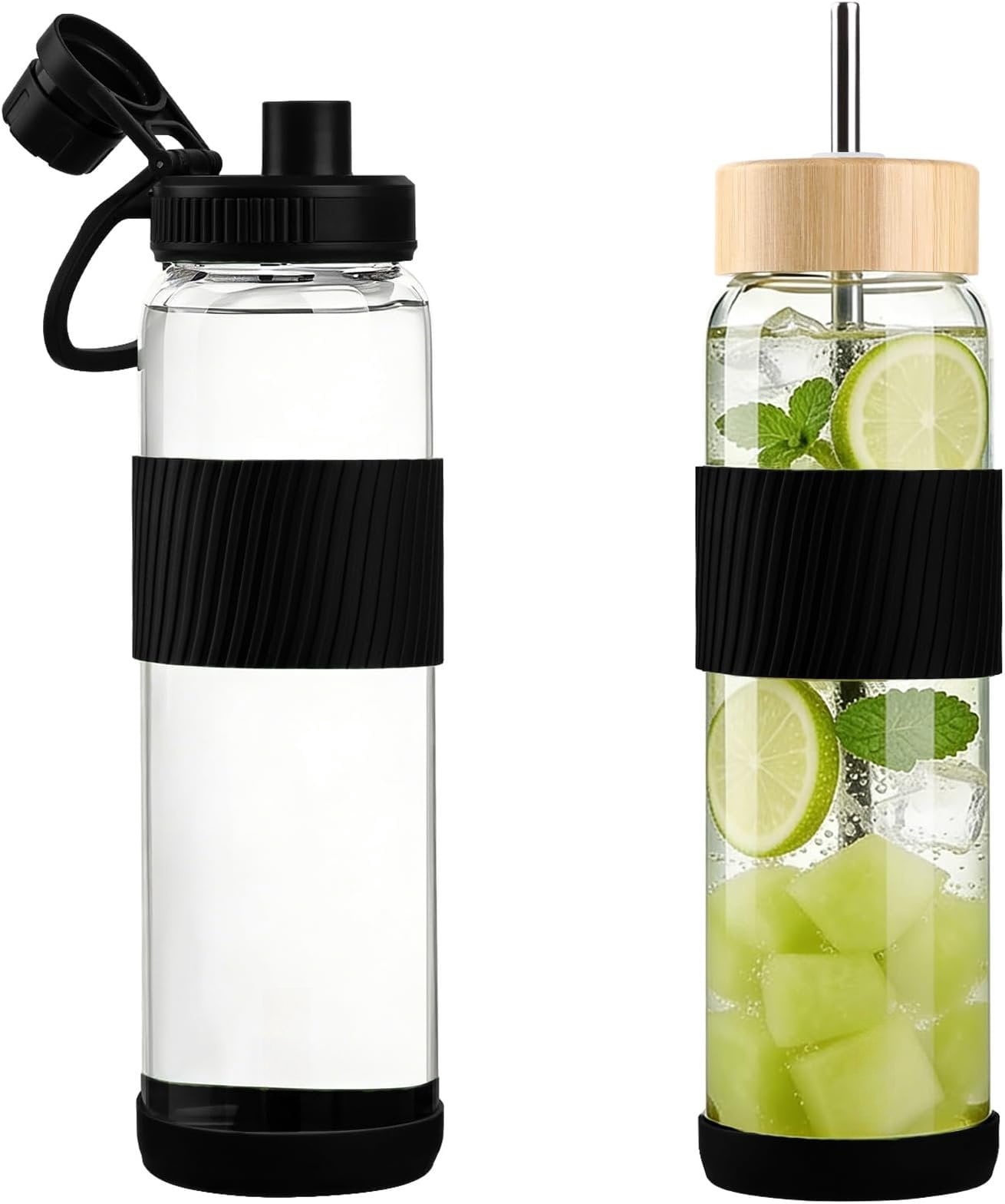 Borosilicate Glass Water Bottle 32 oz, 2 with Straw and Handle, 1 Pack ...