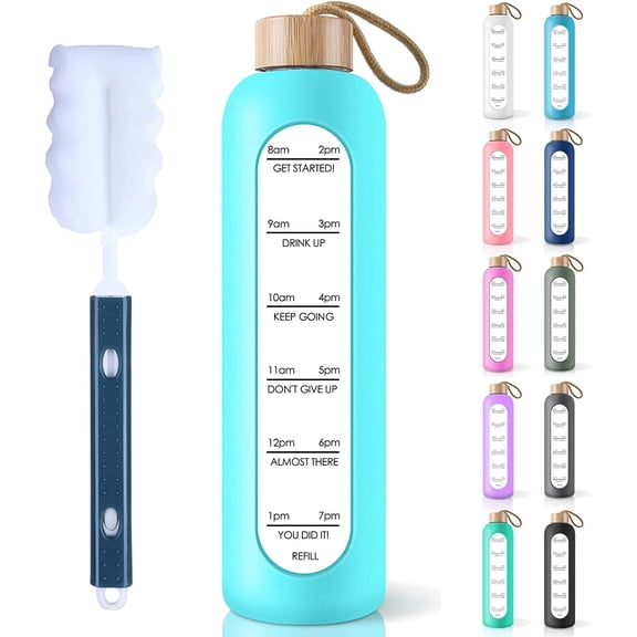 Borosilicate Glass Water Bottle with Time Marker Reminder Quotes, 1 Liter Leak Proof Reusable BPA Free Motivational Water Bottles with Silicone Sleeve and Bamboo Lid