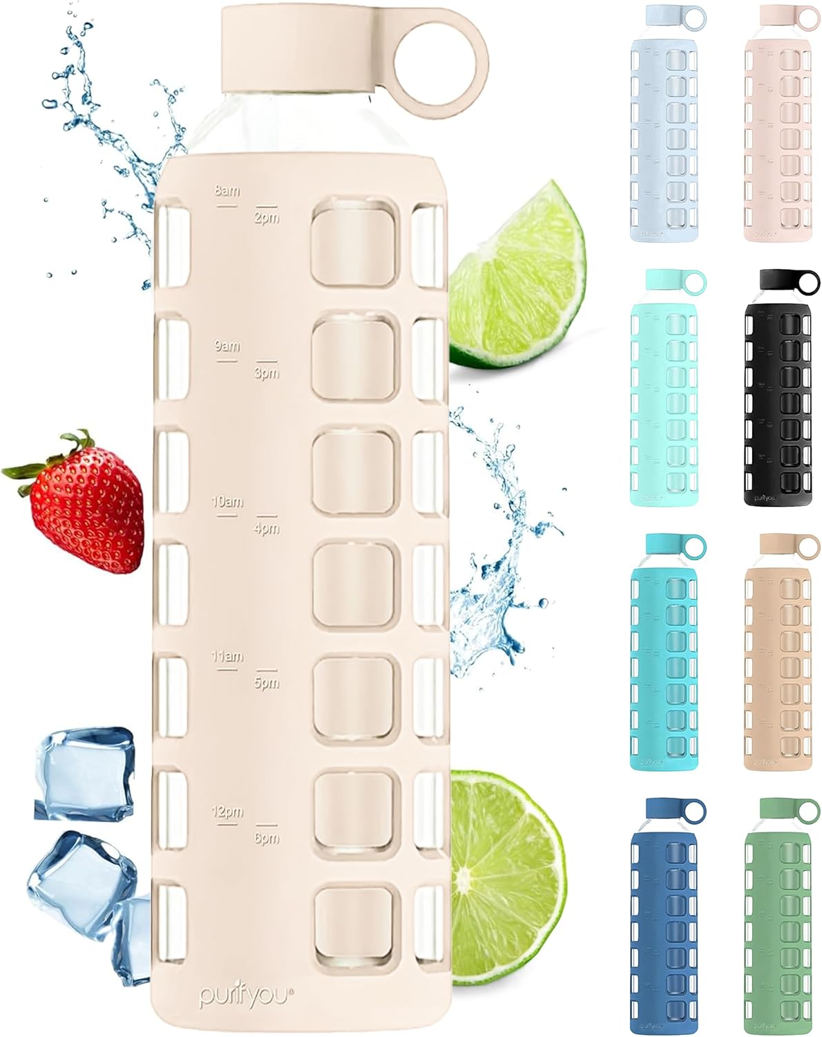 IVYRISE Glass Water Bottle With Colorful Nylon Sleeve - 14.8oz Borosilicate, BPA-Free