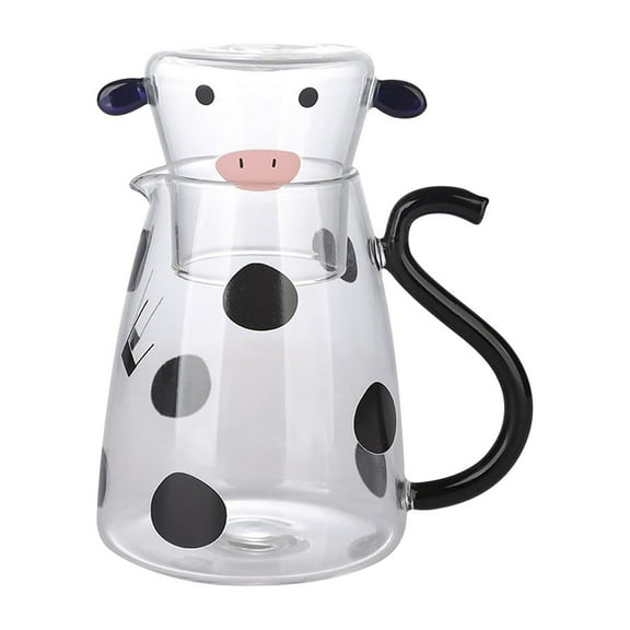 Borosilicate Glass Water Pitcher | Cow Pattern Carafe Jug with Lid Cup | Small Beverage Bottle for Milk Tea Juice Lemonade | Heat Resistant | Home Office | 1 Piece