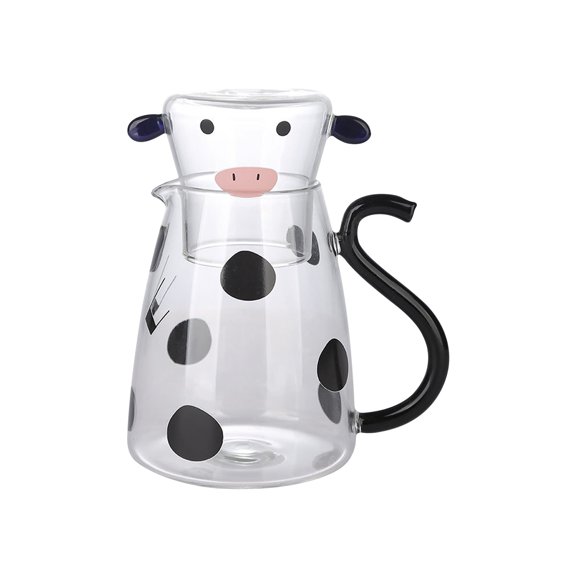 Borosilicate Glass Water Pitcher with Cow Design and Lid Cup – Small Carafe for Milk, Tea, Juice – Heat Resistant Beverage Jug for Home and Office