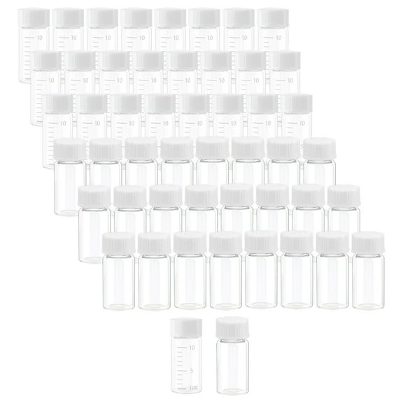 Borosilicate Sample Vial with Graduation 10ml Clear Glass Bottles Vial with Scale (25pcs) Clear Liquid Sampling Sample Screw Cap Empty Lab Vials White Plastic Cap, Pack of 50