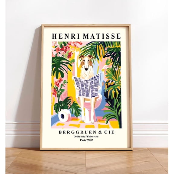Borzoi Bathroom Dog on Toilet Wall Art Unframed Paper Print
