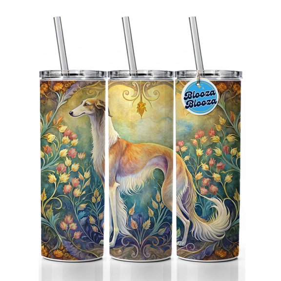 Borzoi Dog Art Nouveau 20oz Insulated Water Bottle Skinny Tumbler Includes Straw