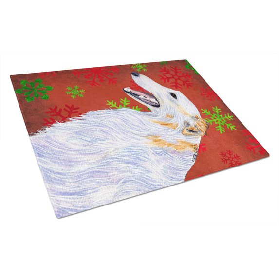 Borzoi Red and Green Snowflakes Holiday Christmas Glass Cutting Board Large