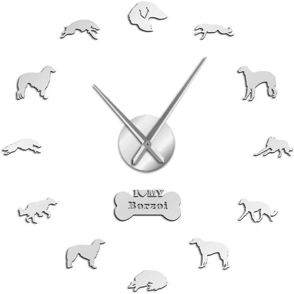 Borzoi Russian Wolfhound Dog Frameless Wall Clock Stickers, DIY Modern Decorative Clocks for Living Room, Bedroom, Office - Easy to Install, Large 3D Clock Design (Silver,27in)
