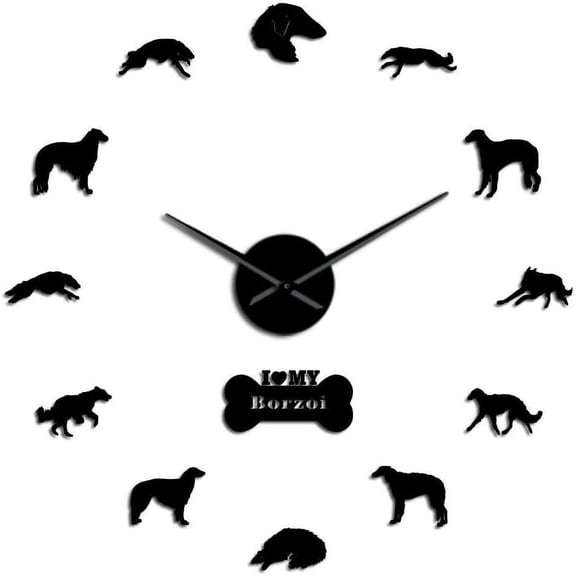Borzoi Russian Wolfhound Dog Frameless Wall Clock Stickers, DIY Modern Decorative Clocks for Living Room, Bedroom, Office - Easy to Install, Large 3D Clock Design (Black,27in)