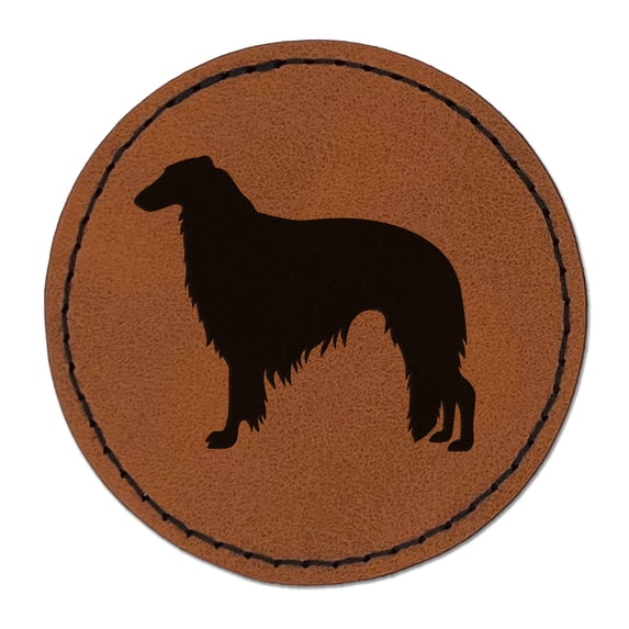 Borzoi Russian Wolfhound Dog Solid 2.5" Faux Leather Round Engraved Iron-On Patch - Brown
