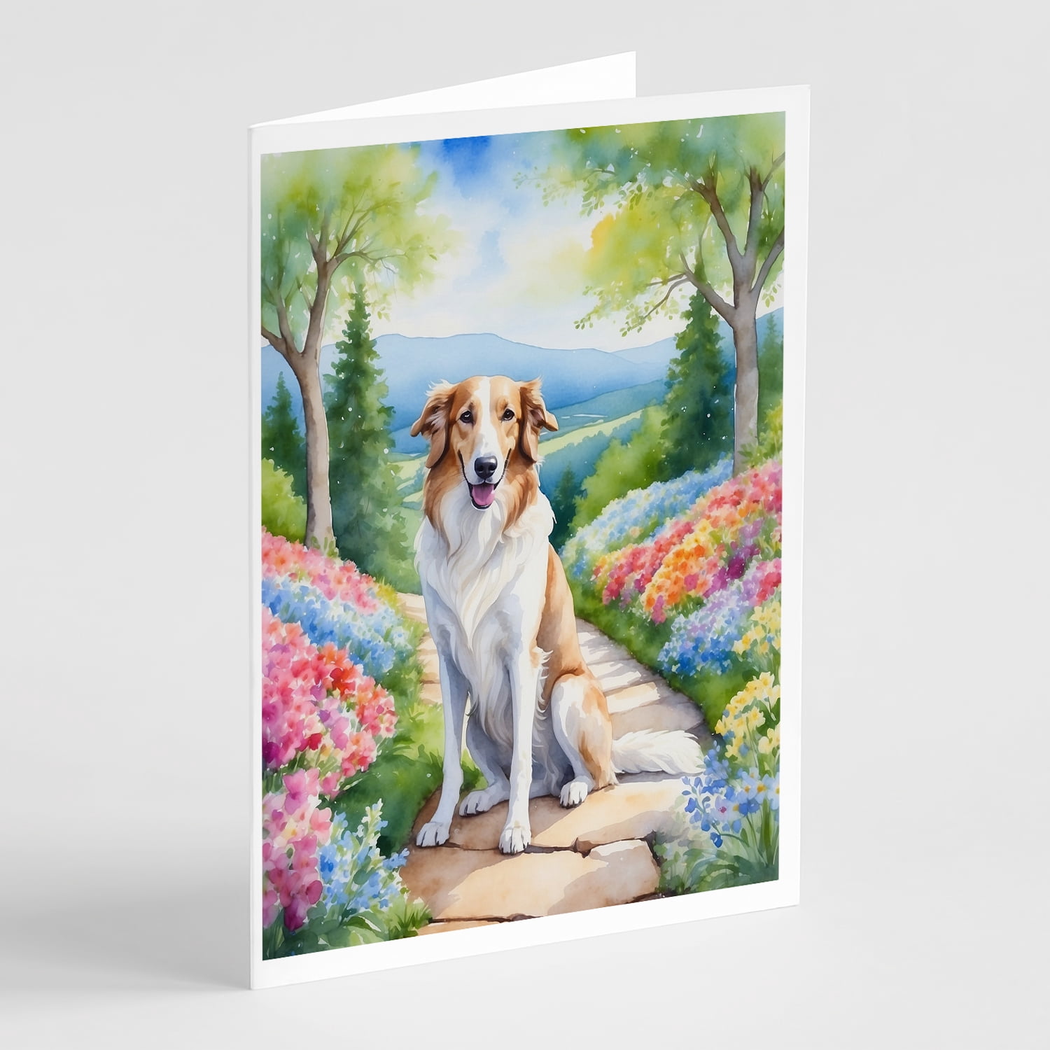 Borzoi Spring Path Greeting Cards Pack of 8 7 in x 5 in