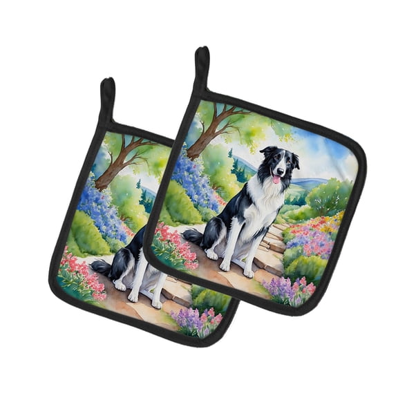 Borzoi Spring Path Pair of Pot Holders 7.5 in x 7.5 in
