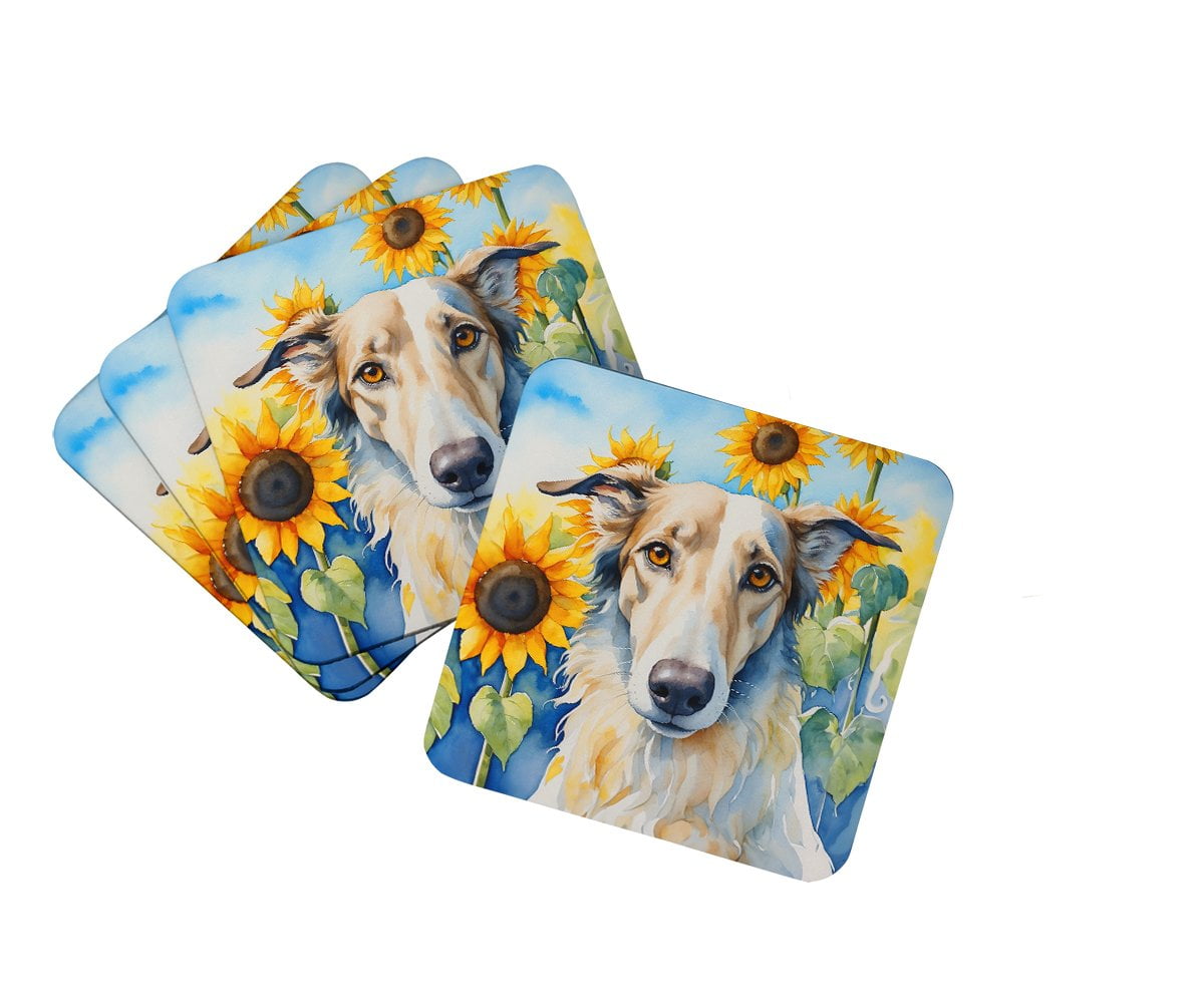 Borzoi in Sunflowers Foam Coasters 3.5 in x 3.5 in