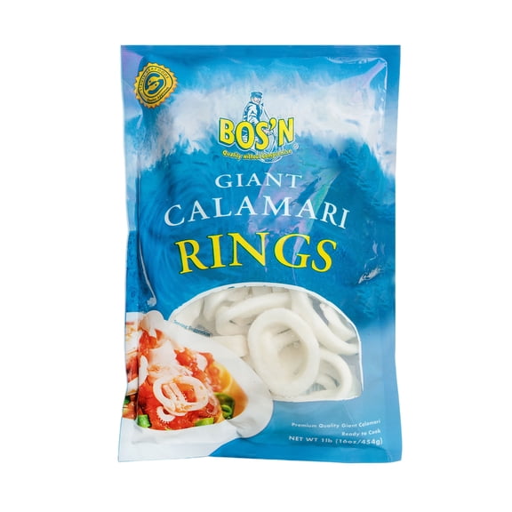 Bosn Frozen Seafood Raw Giant Calamari Rings, 1 lb. Fully Cleaned and Ready-to-Cook. 14g Protein per Serving. Contains: Squid.