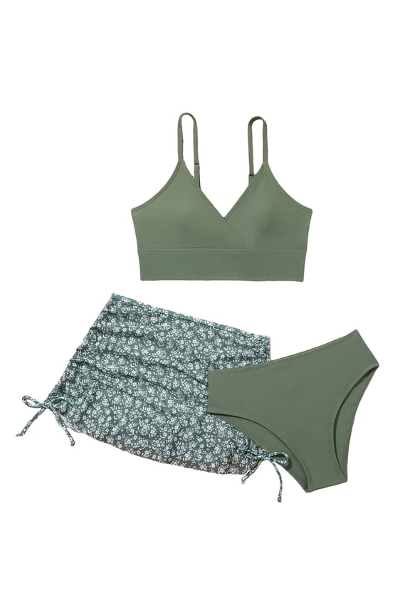 Bikini Set Girls' Swimwear Floral Print Bikini Swimsuit with Drawstring Beach Skirt, AG 9-10Y